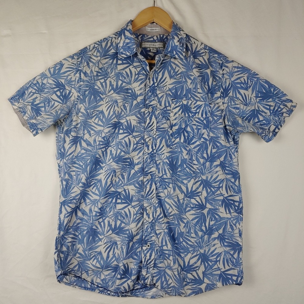 PD&C Hawaiian Shirt Mens M White Blue Floral Palm Short Sleeve Casual Button Up